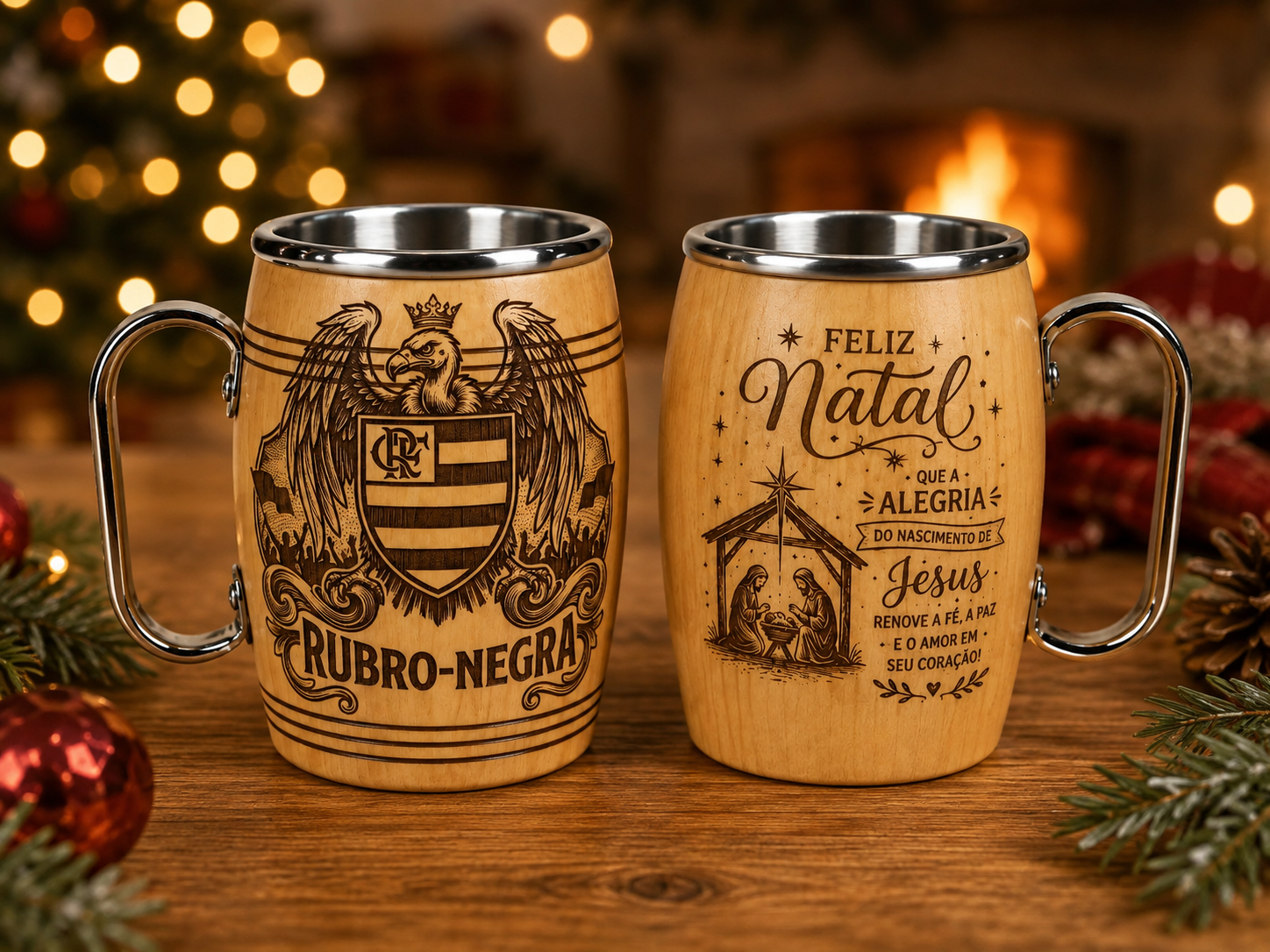 Duas canecas de madeira e alumínio personalizadas